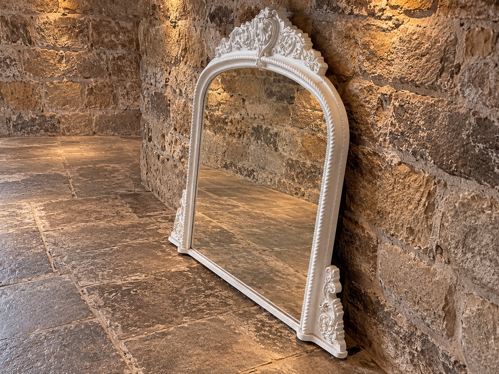 Large Ornate White Overmantel Mirror – Victorian Rococo Style Statement Fireplace Mirror