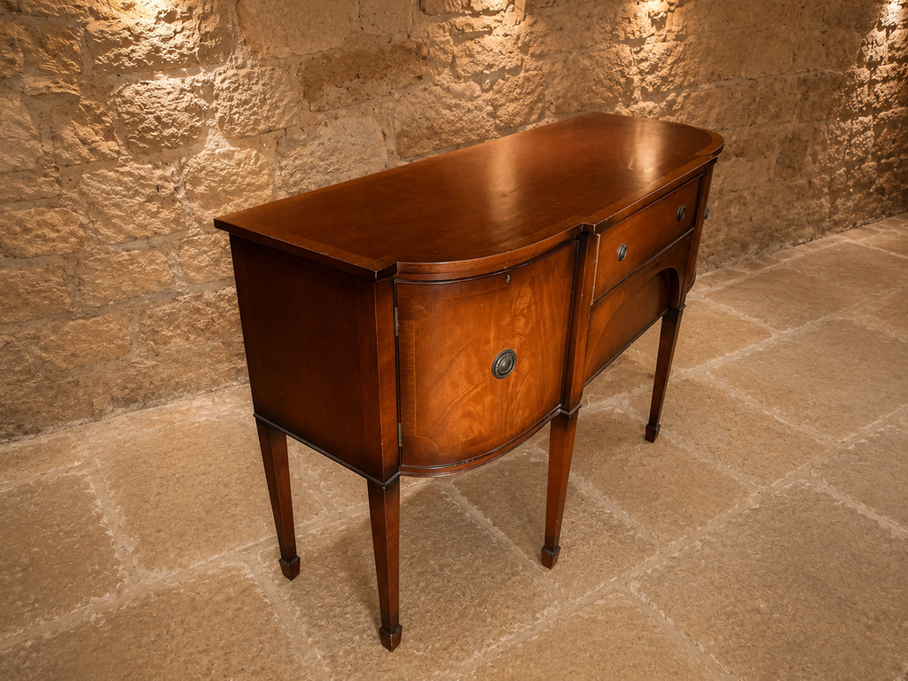 George III Style Figured Mahogany Serpentine Sideboard | Edwardian Antique Revival Buffet Cabinet