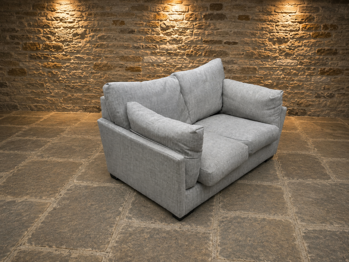 Contemporary Grey Two Seater Snuggler Sofa – Deep Cushioned Textured Fabric Loveseat