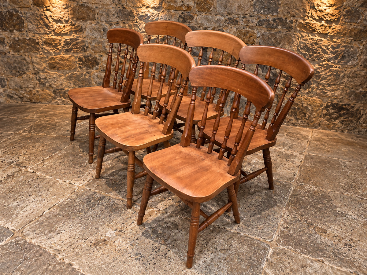 Set of 6 Vintage Windsor-Style Solid Wood Farmhouse Dining Chairs