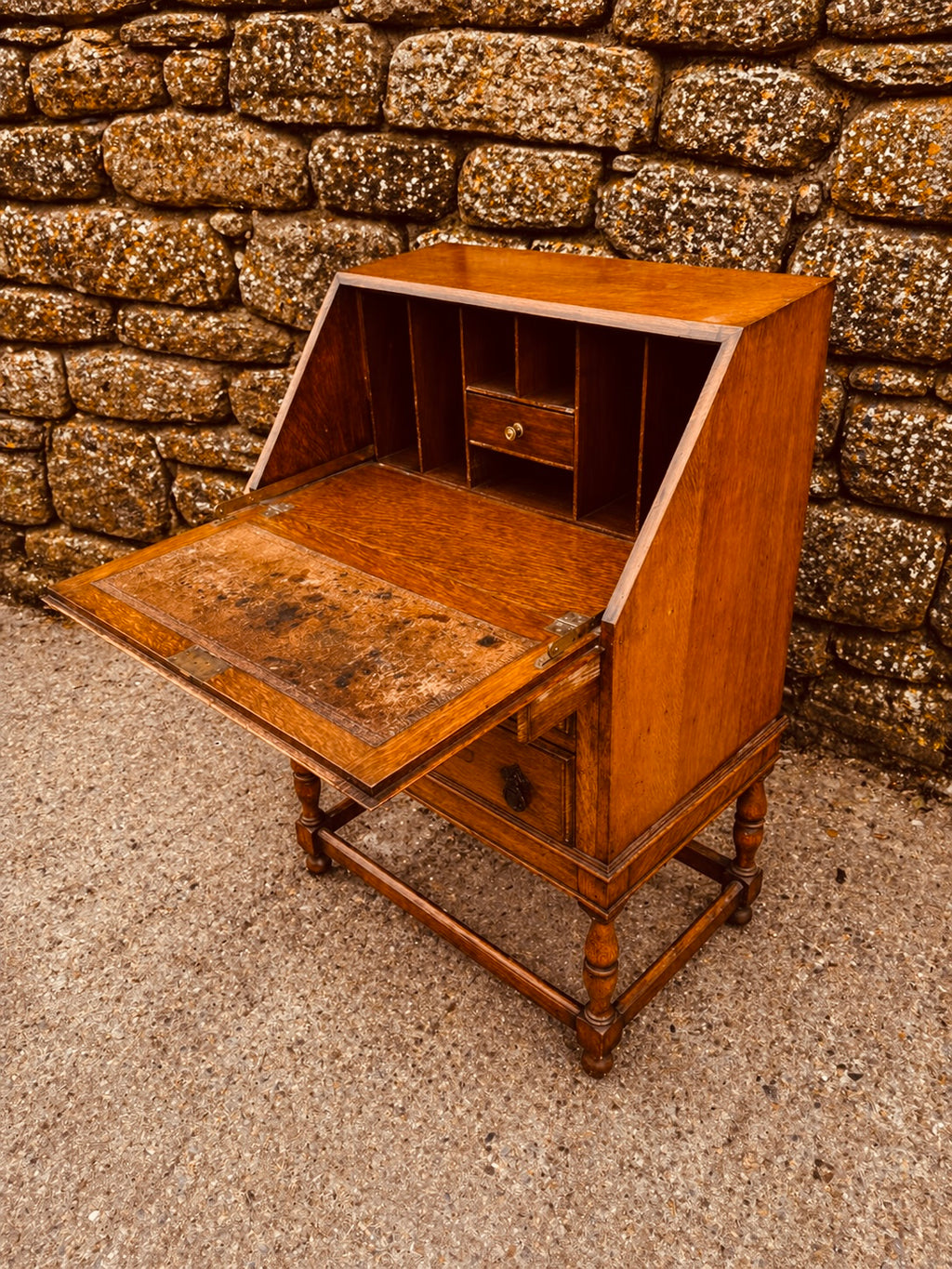 Vintage Oak Bureau Desk – 1930s Fall Front Writing Desk with Carved Detail