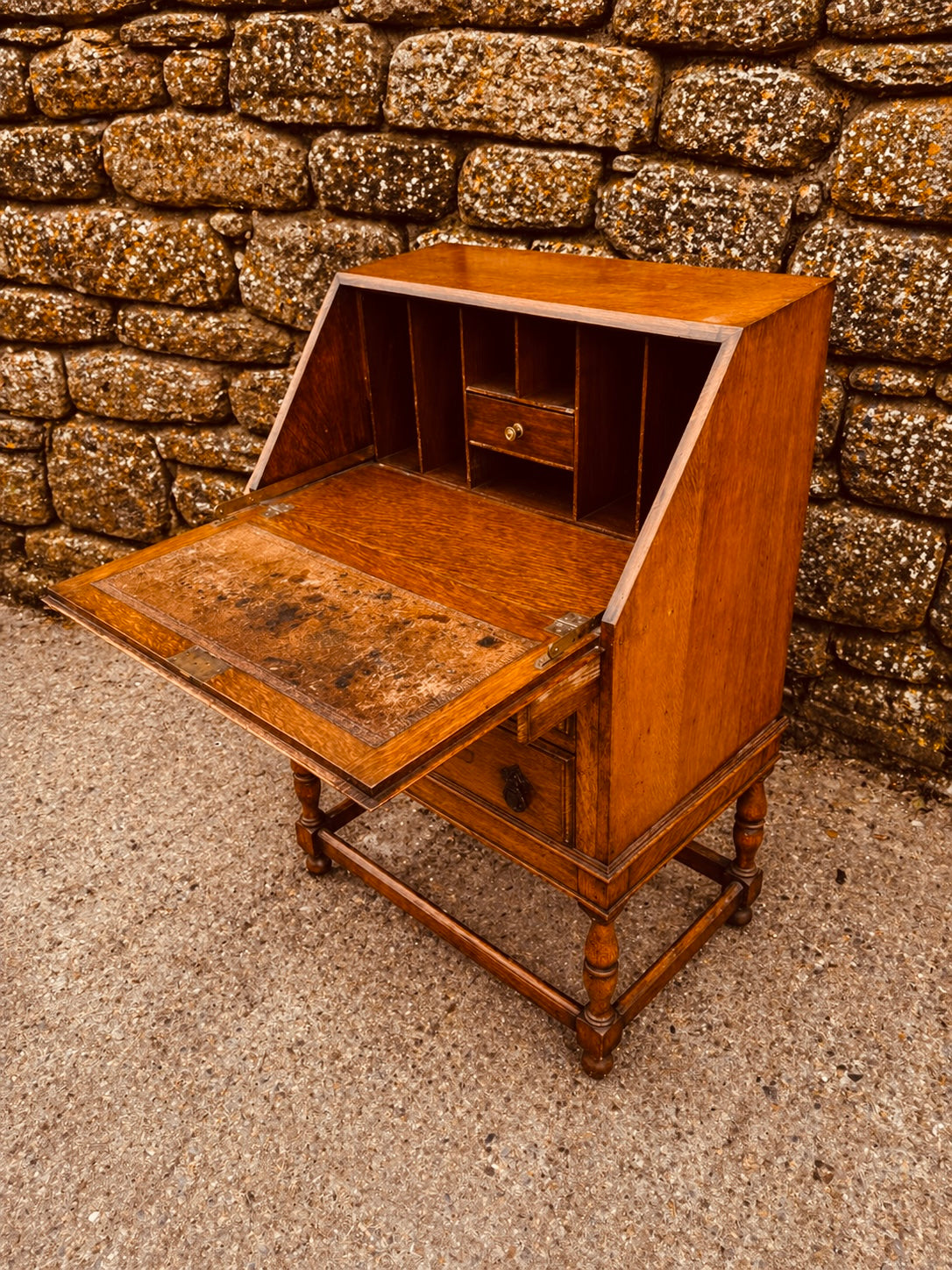 Vintage Oak Bureau Desk – 1930s Fall Front Writing Desk with Carved Detail