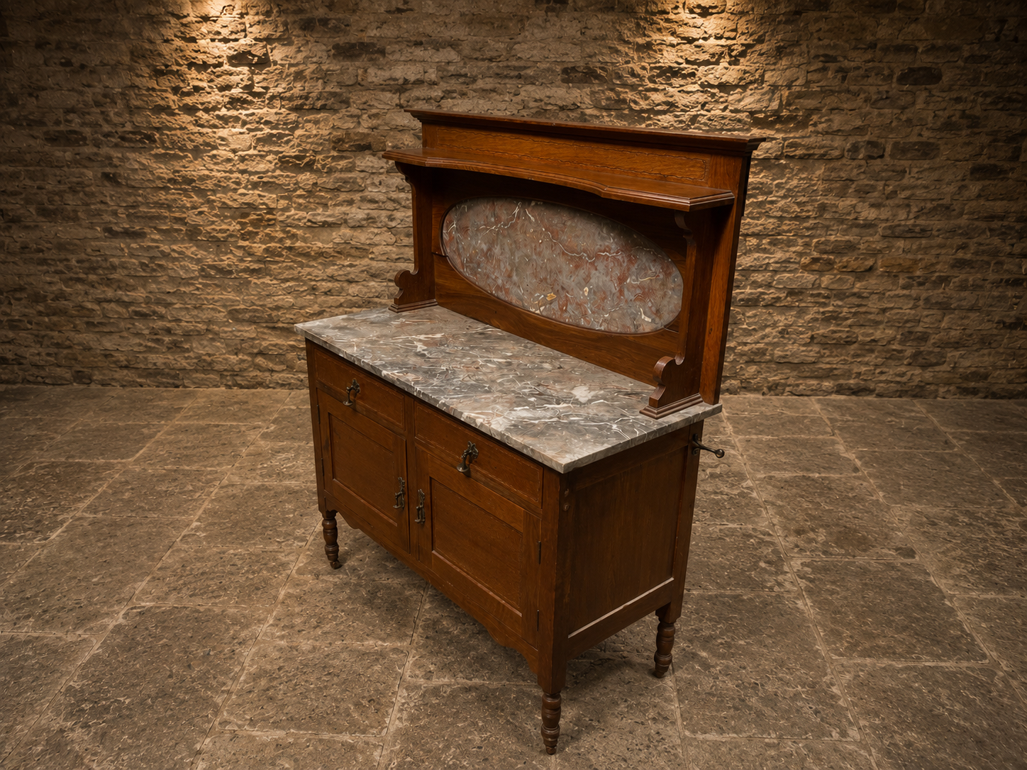 Antique Edwardian Marble Top Washstand with Oval Marble Splashback – c.1890–1910