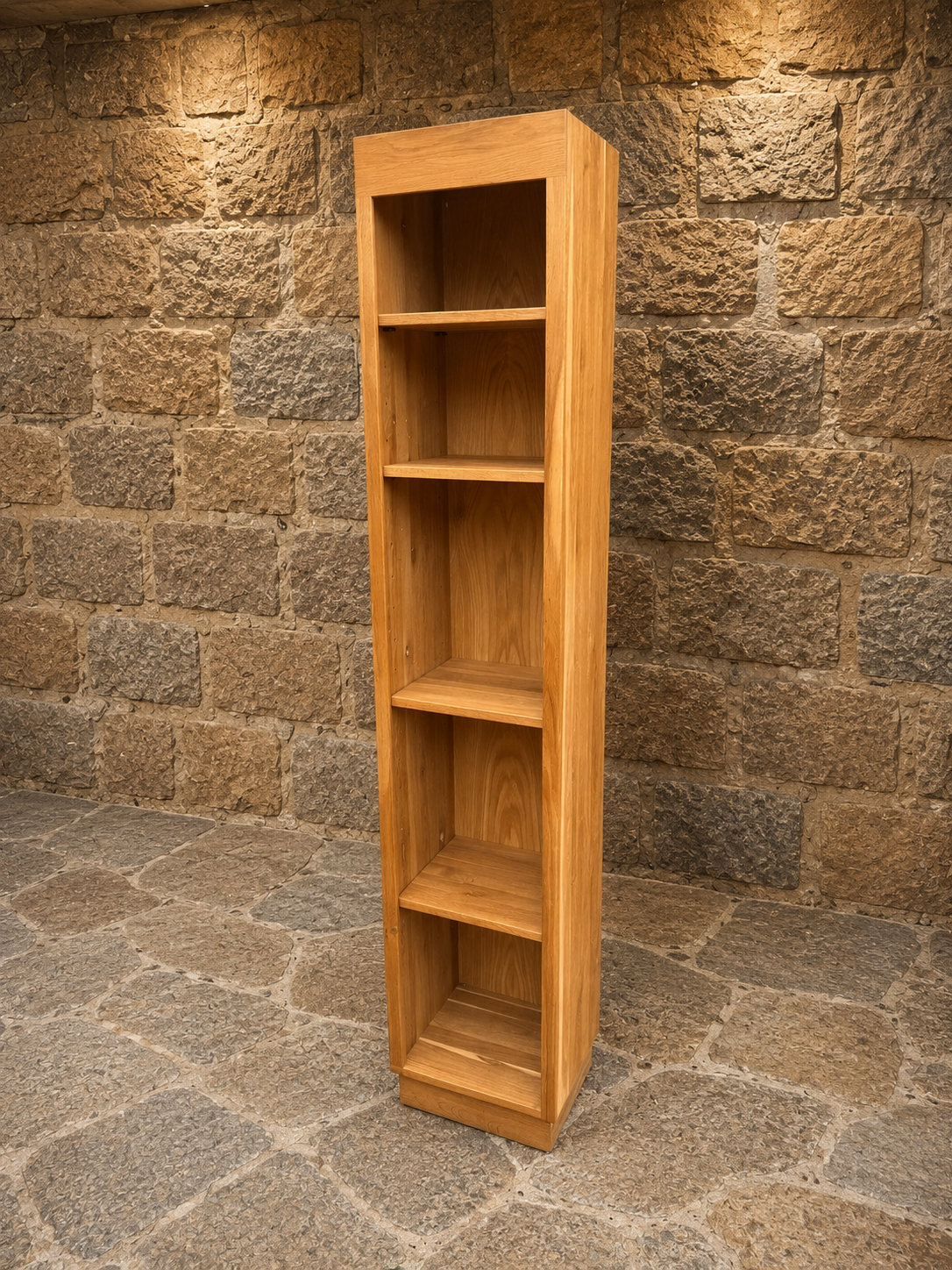 Contemporary Solid Oak Narrow Bookcase | Tall Oak Display Shelving Unit | Rustic Modern Storage