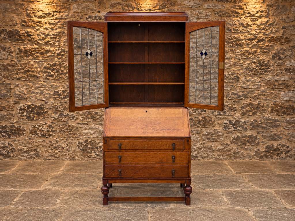 Antique Oak Bureau Bookcase with Leaded Glass Doors – c.1920
