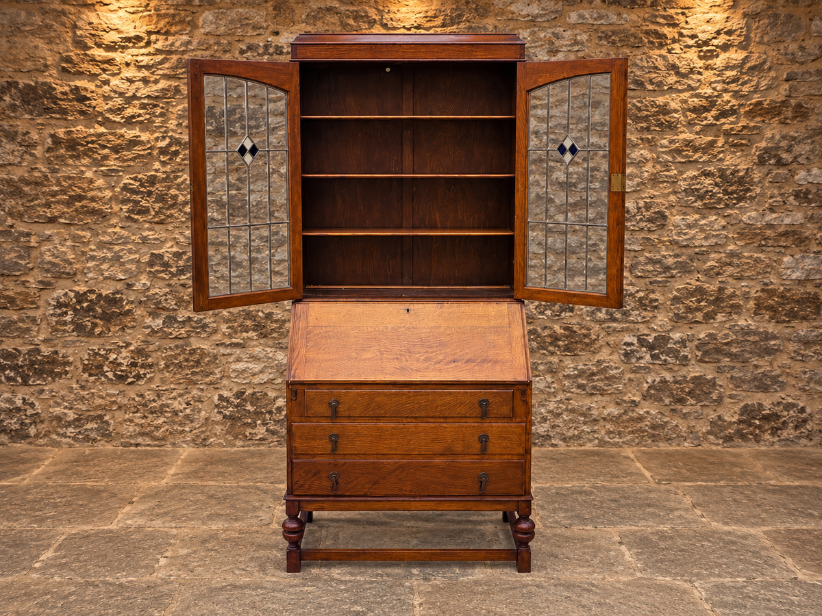 Antique Oak Bureau Bookcase with Leaded Glass Doors – c.1920