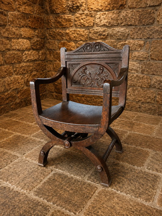 Antique Carved Oak Savonarola Style Gothic Revival Armchair