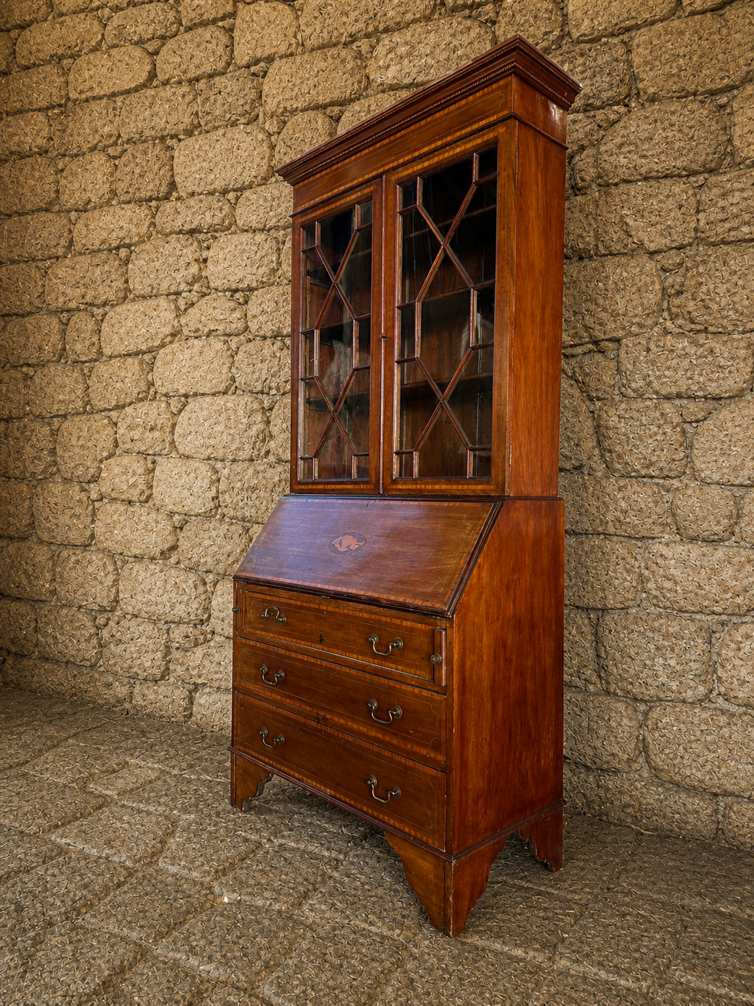 Georgian Revival Mahogany Bureau Bookcase with Glazed Top, Fall Front Writing Desk, Early 20th Century