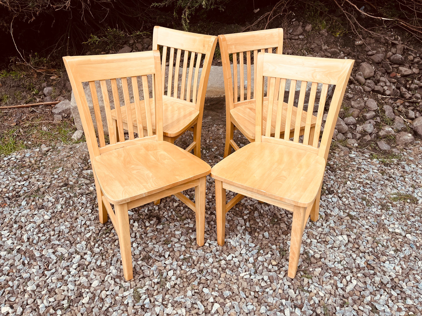 Set of Four Solid Wood Farmhouse Dining Chairs – Natural Wood Slat Back Kitchen Chairs