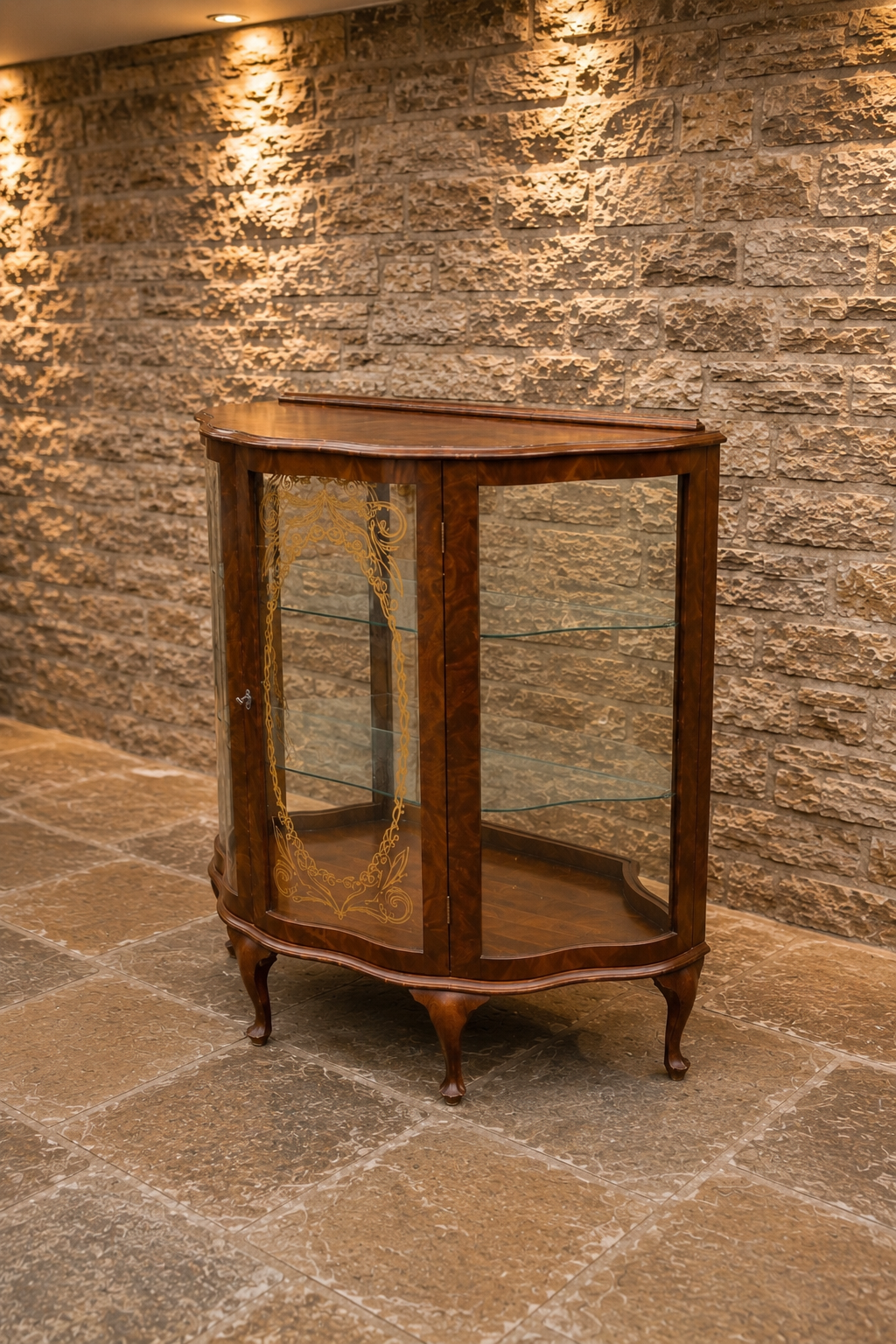 Edwardian Bow Front Walnut Display Cabinet | Antique Curved Glass Curio Cabinet | Circa 1905–1915