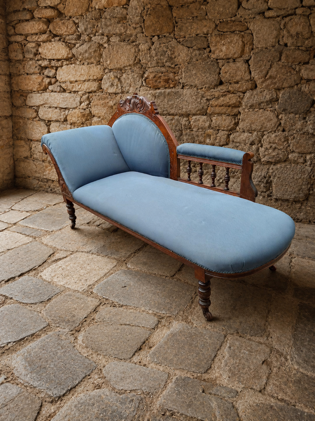 Antique Victorian Walnut Chaise Longue | Carved Walnut Daybed | Victorian Fainting Couch | Upholstered Statement Seating