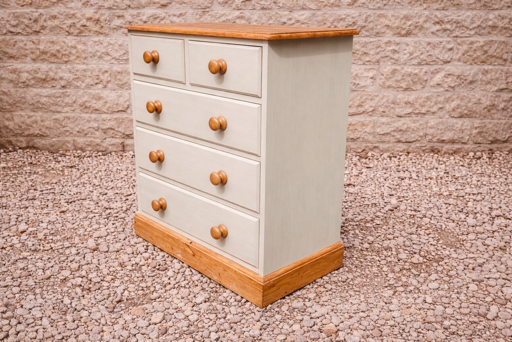Rustic Pine Chest of Drawers – Shadow White with Stripped Top & Base
