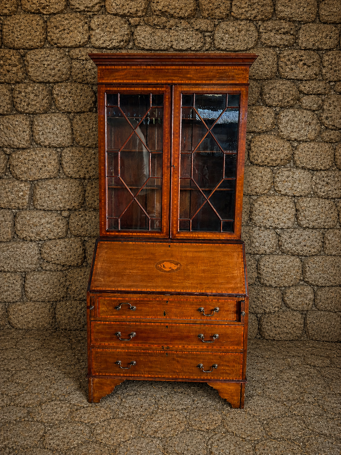 Georgian Revival Mahogany Bureau Bookcase with Glazed Top, Fall Front Writing Desk, Early 20th Century