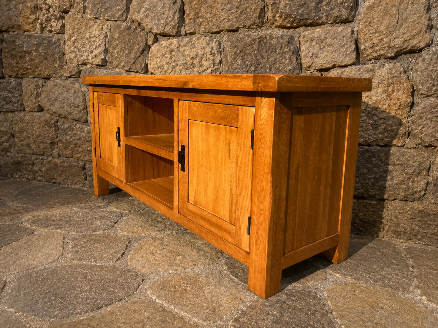 Solid Oak Farmhouse TV Unit with Storage | Rustic Oak Media Cabinet