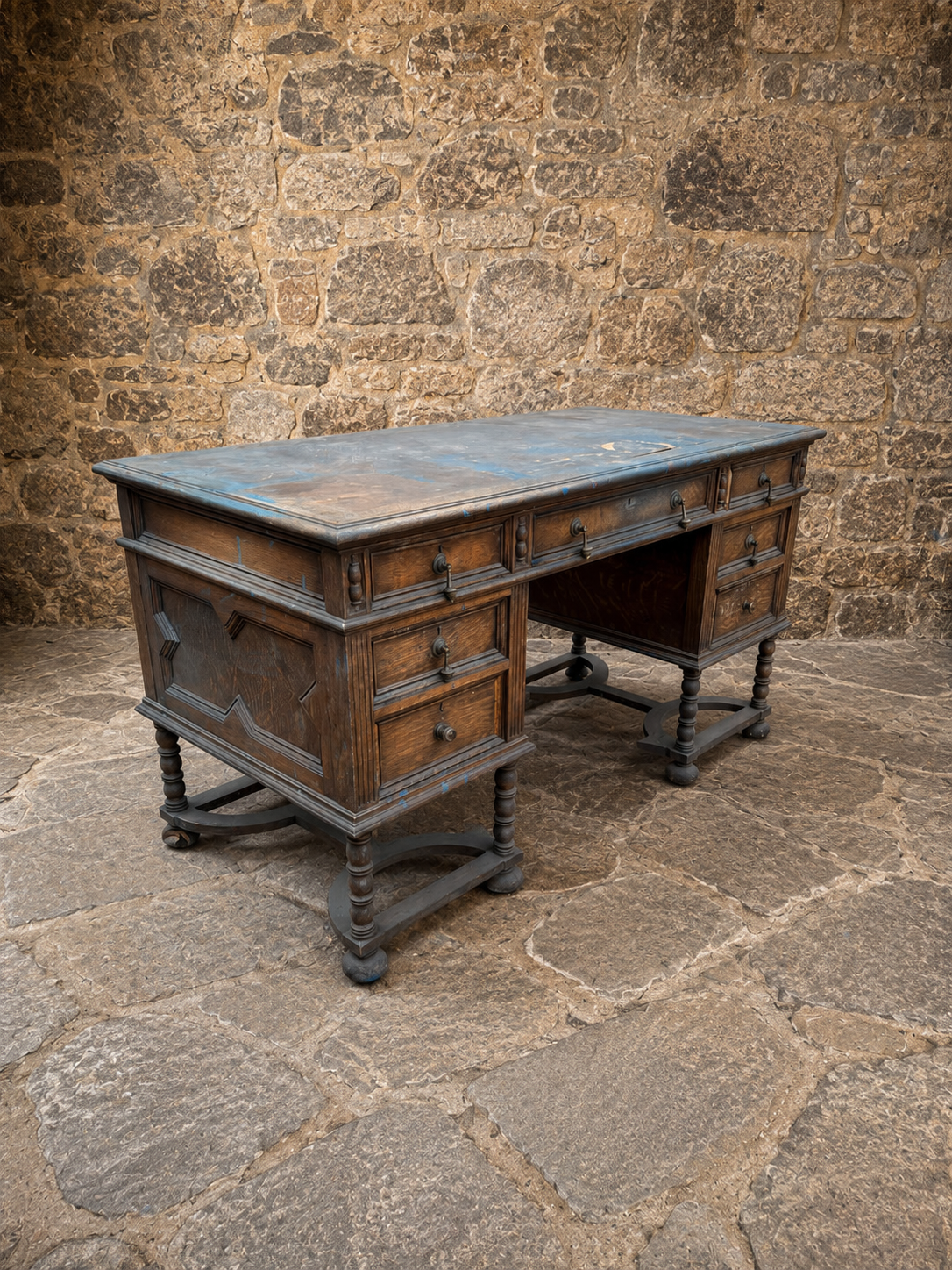 Antique Oak Pedestal Desk | Victorian Jacobean Revival Office Desk | Edwardian Arts & Crafts Writing Desk | Large Oak Desk