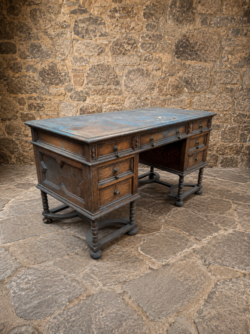 Antique Oak Pedestal Desk | Victorian Jacobean Revival Office Desk | Edwardian Arts & Crafts Writing Desk | Large Oak Desk