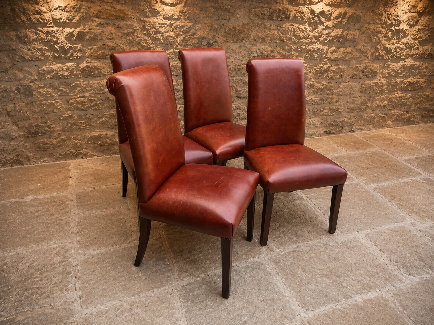 Set of 4 Vintage Oxblood Leather Dining Chairs – High Back Country House Chairs