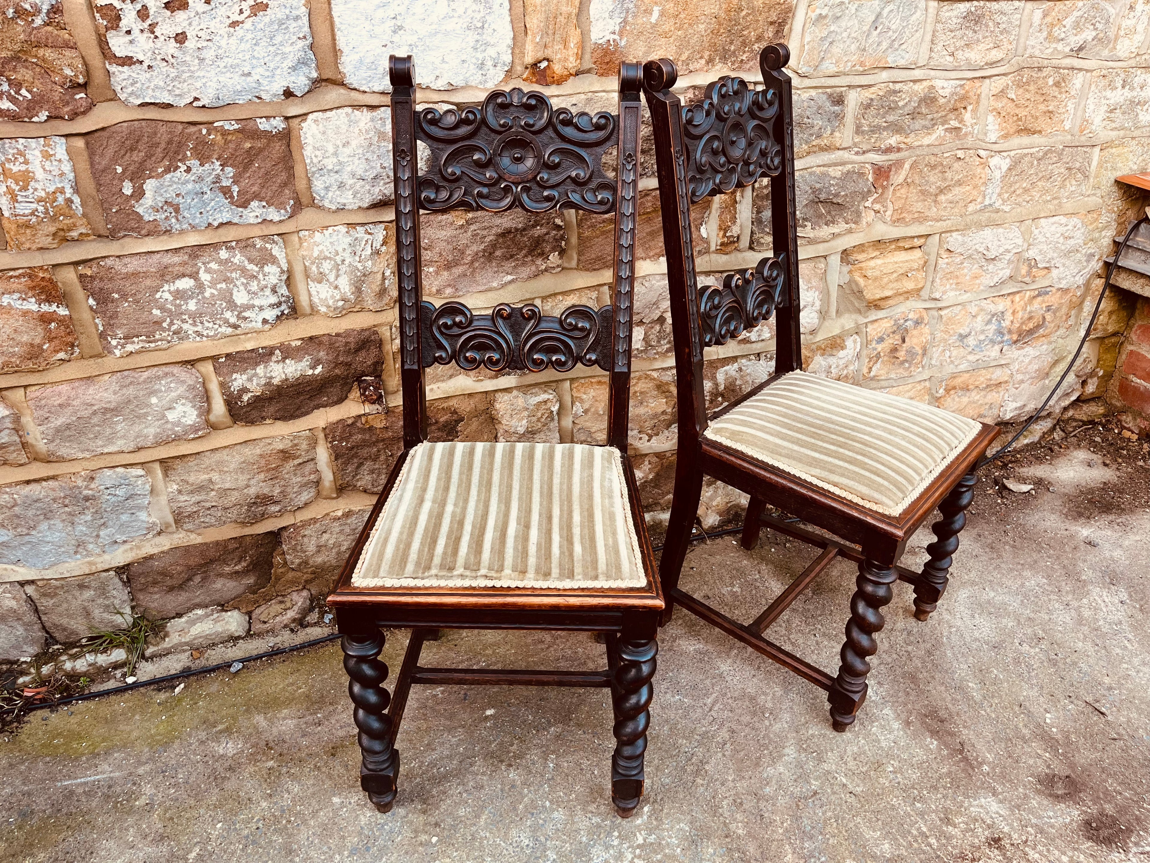 Pair of Antique Carved Dining Chairs – Barley Twist Legs & Ornate Backrest