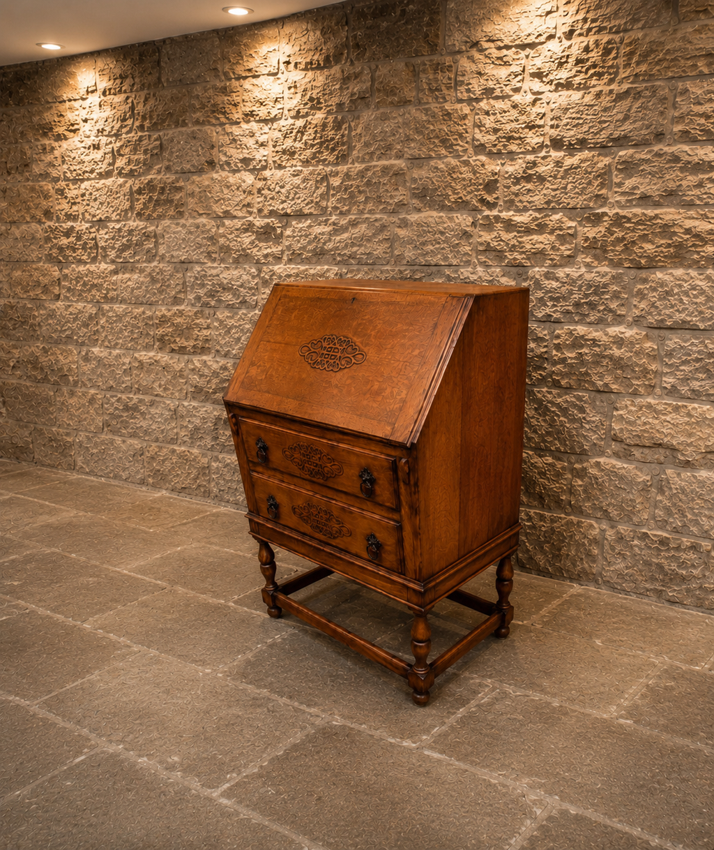 Antique Edwardian Oak Writing Bureau c.1900 – Decorative Fall Front Desk