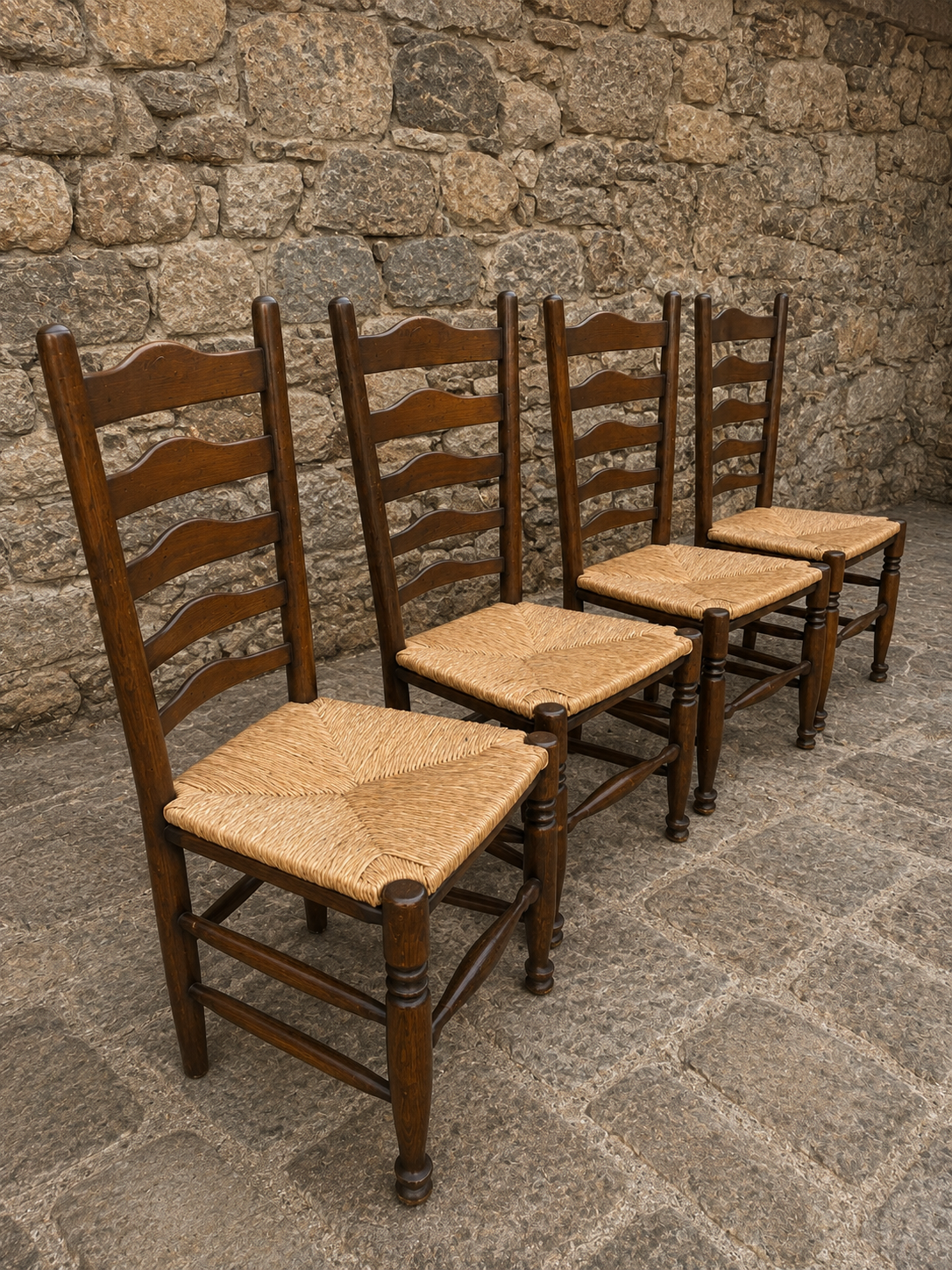 Set of 4 French Country Oak Ladder Back Dining Chairs