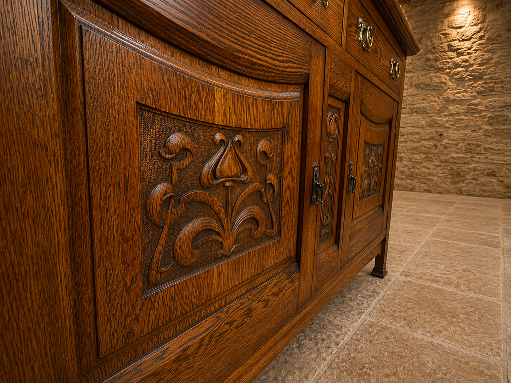Antique Arts & Crafts Oak Sideboard | Edwardian Solid Oak Buffet Cabinet | Hand Carved English Storage Cabinet | 1905–1920