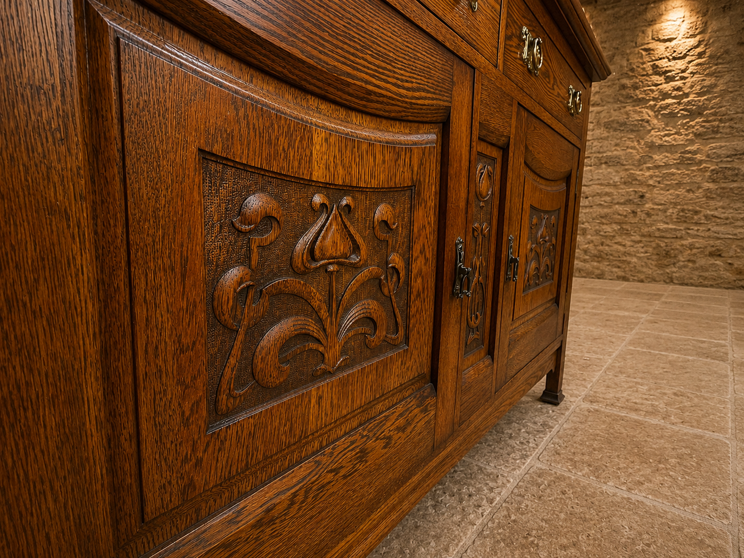 Antique Arts & Crafts Oak Sideboard | Edwardian Solid Oak Buffet Cabinet | Hand Carved English Storage Cabinet | 1905–1920