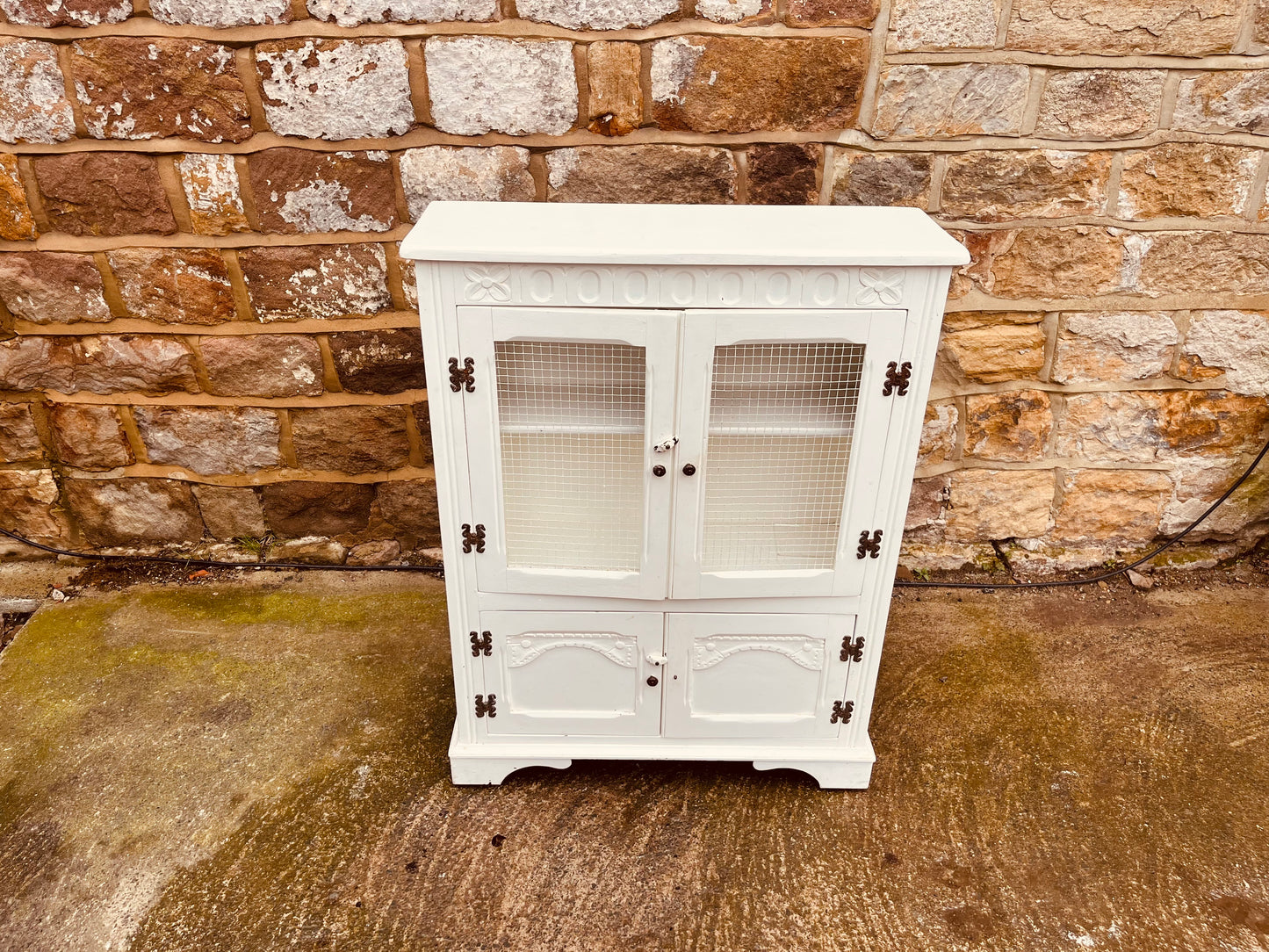 Vintage Farmhouse Kitchen Cupboard with Wire Mesh Doors