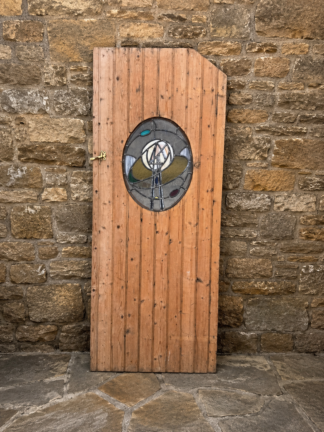 Antique Pine Door with Leaded Stained Glass Panel c.1900