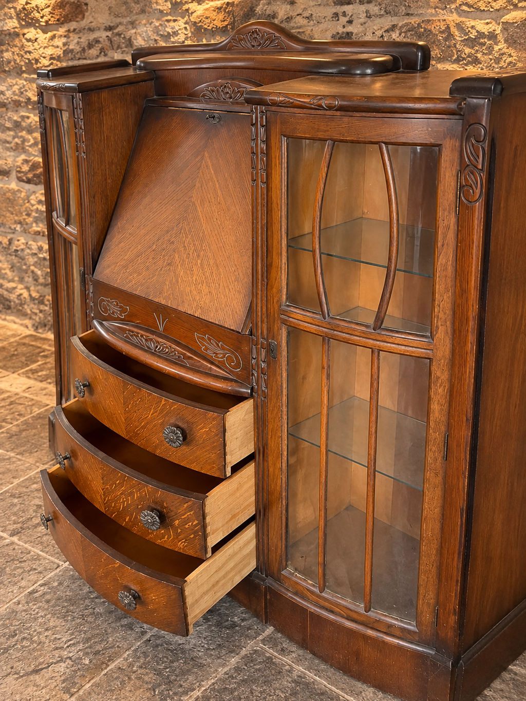 Antique Arts & Crafts Oak Side-by-Side Bureau Bookcase – Art Nouveau Display Cabinet c.1900