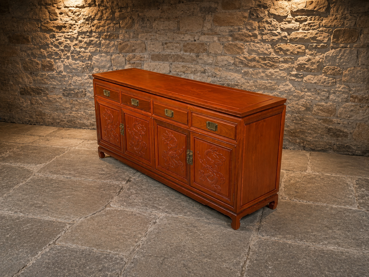 Vintage Chinese Carved Dragon Hardwood Sideboard – Four Door Oriental Cabinet