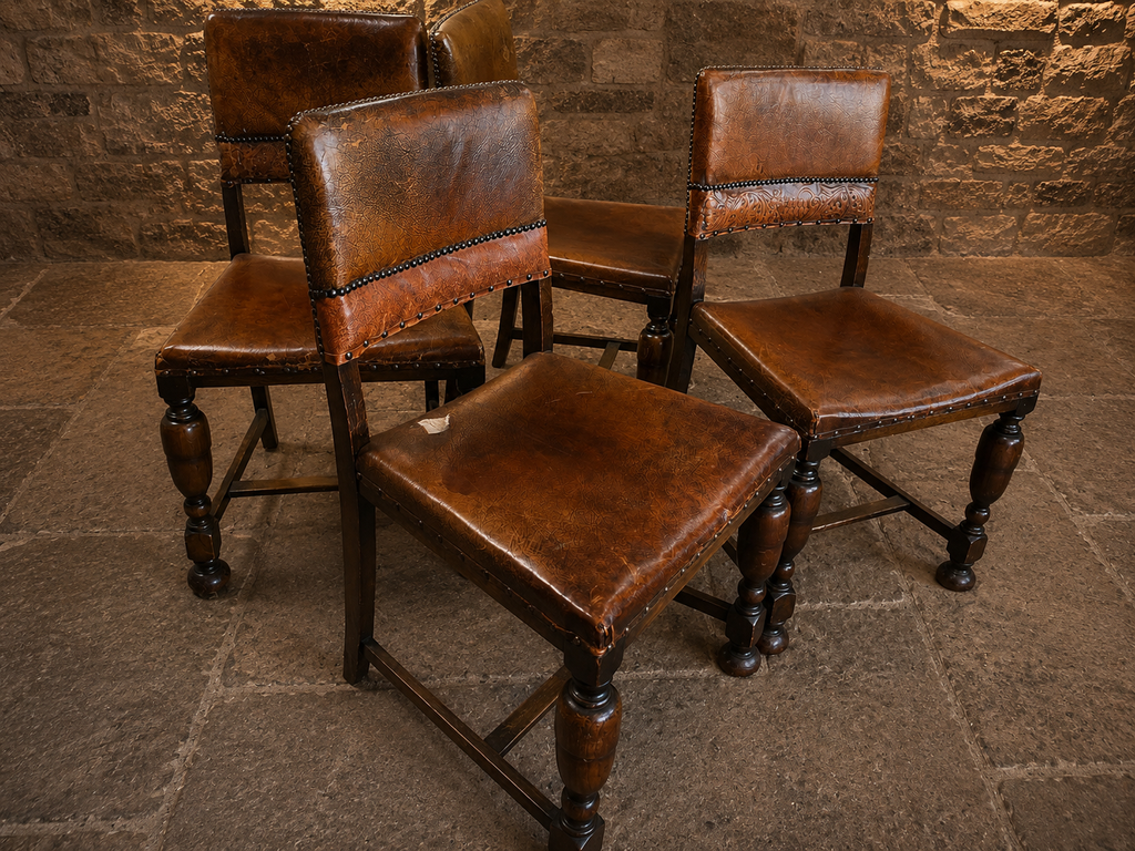 Antique Set of Four Embossed Leather & Oak Dining Chairs | Tudor Revival | Circa 1920s