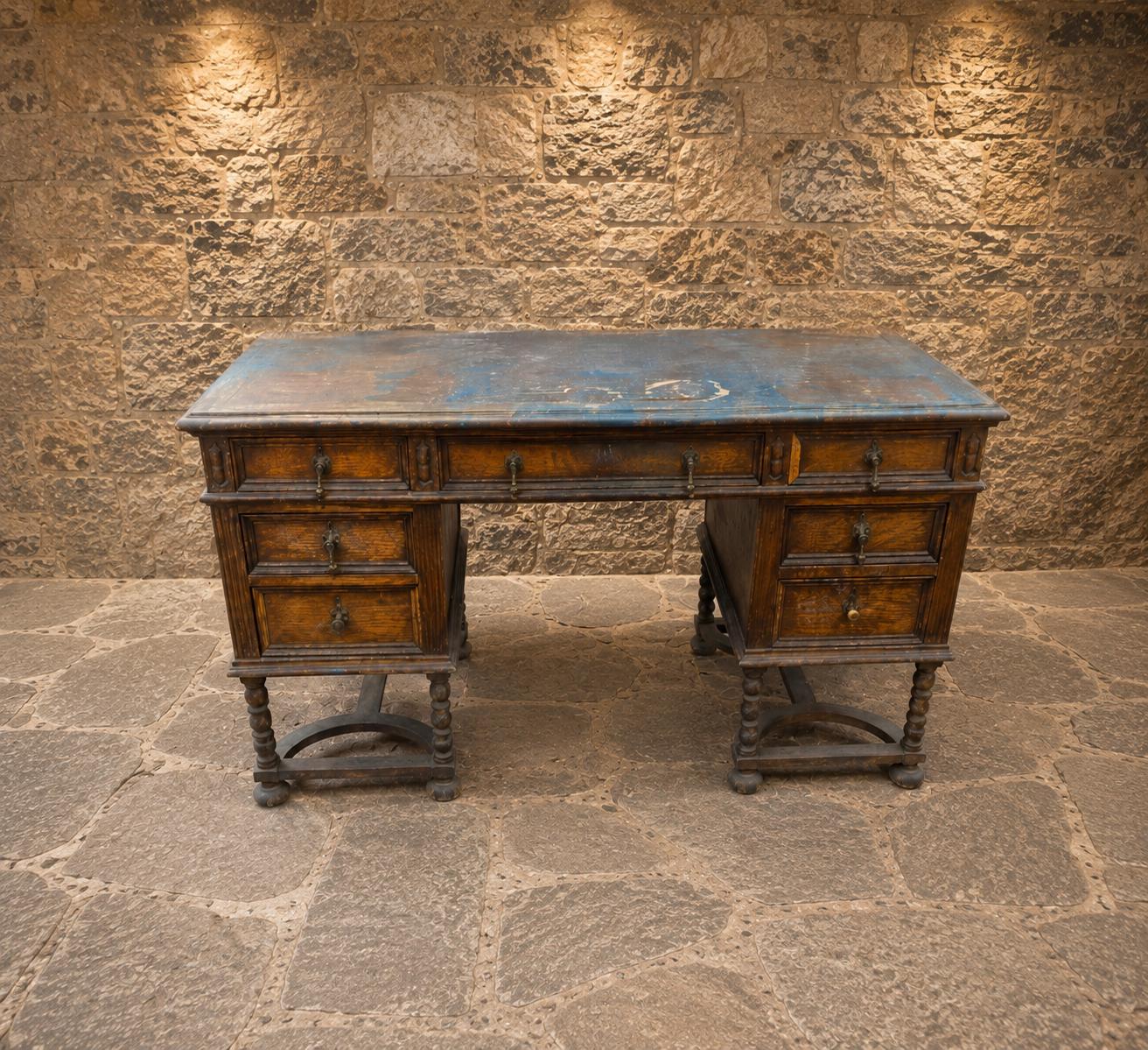 Antique Oak Pedestal Writing Desk – Circa 1900 – Victorian Edwardian Jacobean Revival Desk