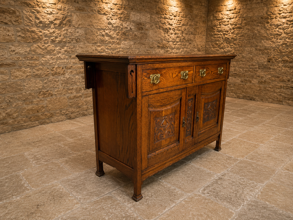 Antique Arts & Crafts Oak Sideboard | Edwardian Solid Oak Buffet Cabinet | Hand Carved English Storage Cabinet | 1905–1920