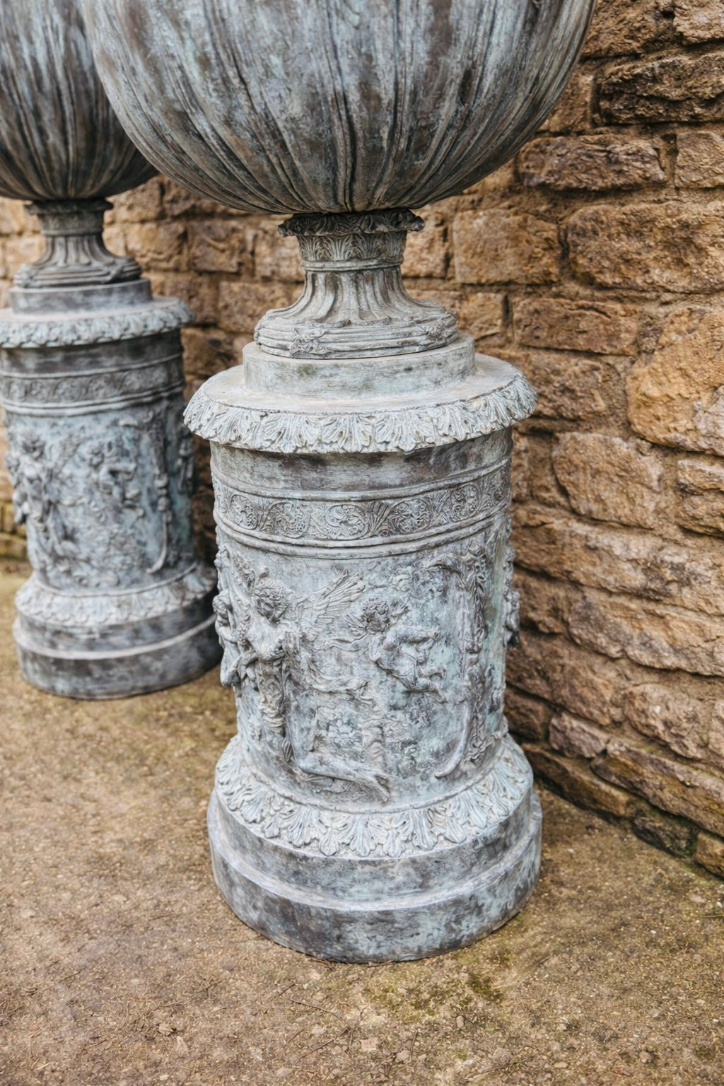 Pair of Large Bronze Neoclassical Garden Urns with Rams Head Detail – Verdigris Patina