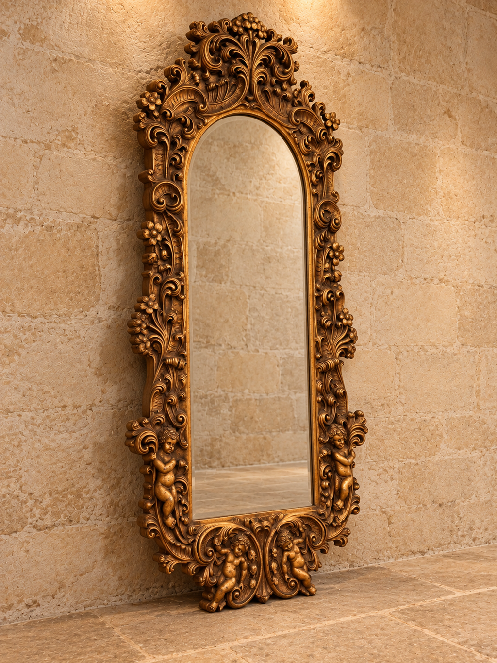 Large ornate gold Rococo style cherub mirror