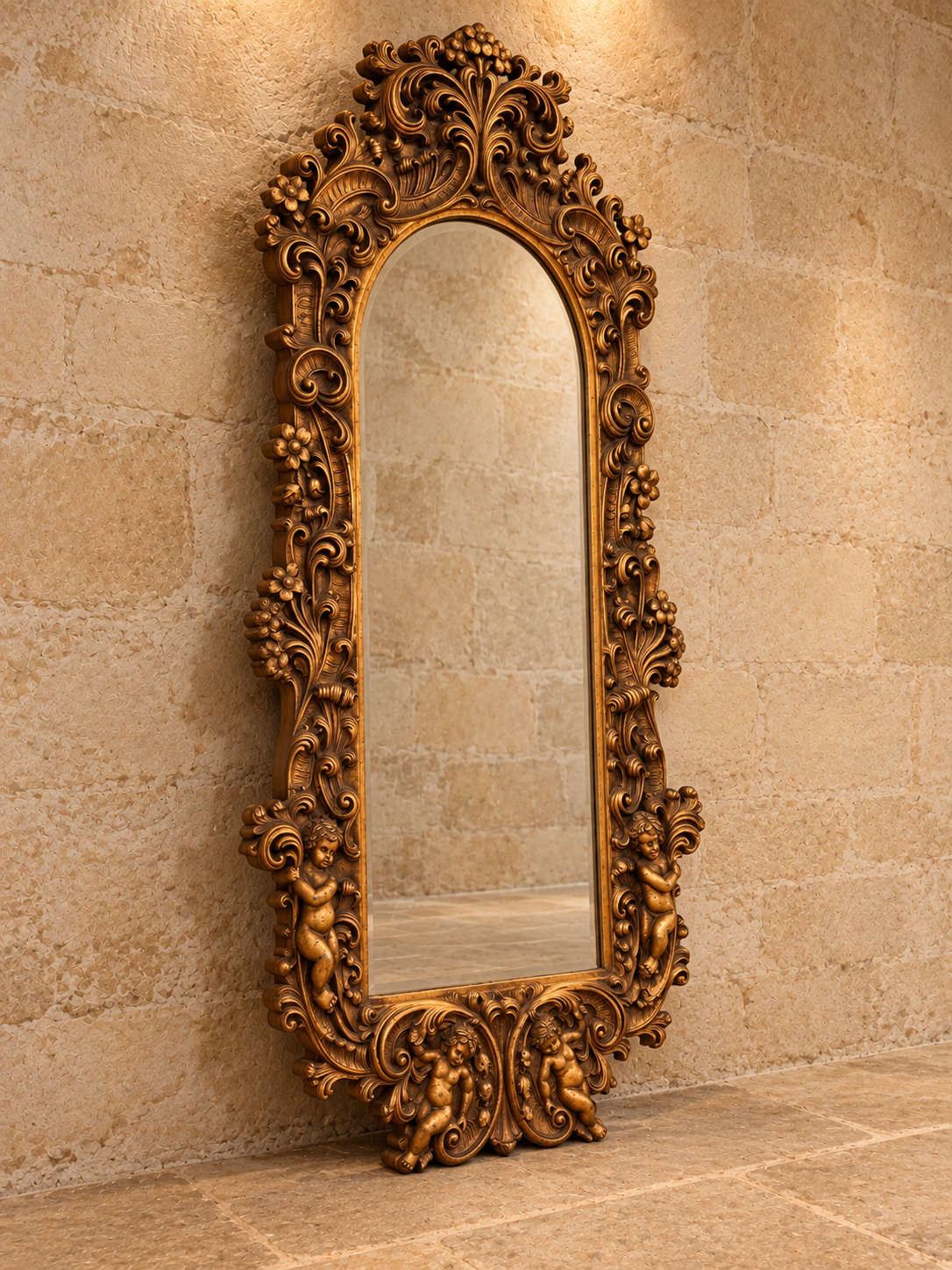 Large ornate gold Rococo style cherub mirror