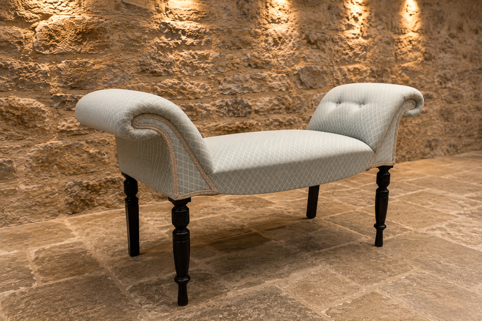 Antique Edwardian Upholstered Window Seat | Victorian Scroll End Bedroom Bench | Hall Bench | Ottoman Seat | Circa 1895–1915