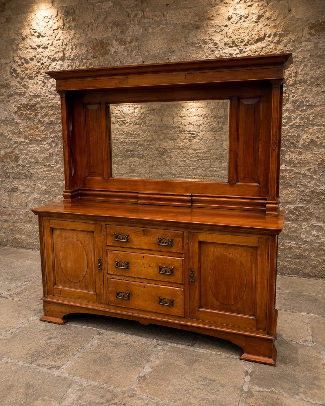 Antique Victorian Walnut Mirrored Sideboard – Edwardian Buffet Cabinet with Marble-Style Mirror Back