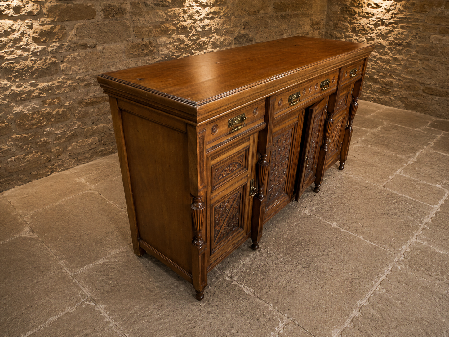 Late Victorian Carved Walnut Sideboard | Antique English Walnut Buffet Cabinet | 19th Century Country House Sideboard | Victorian Storage Cabinet