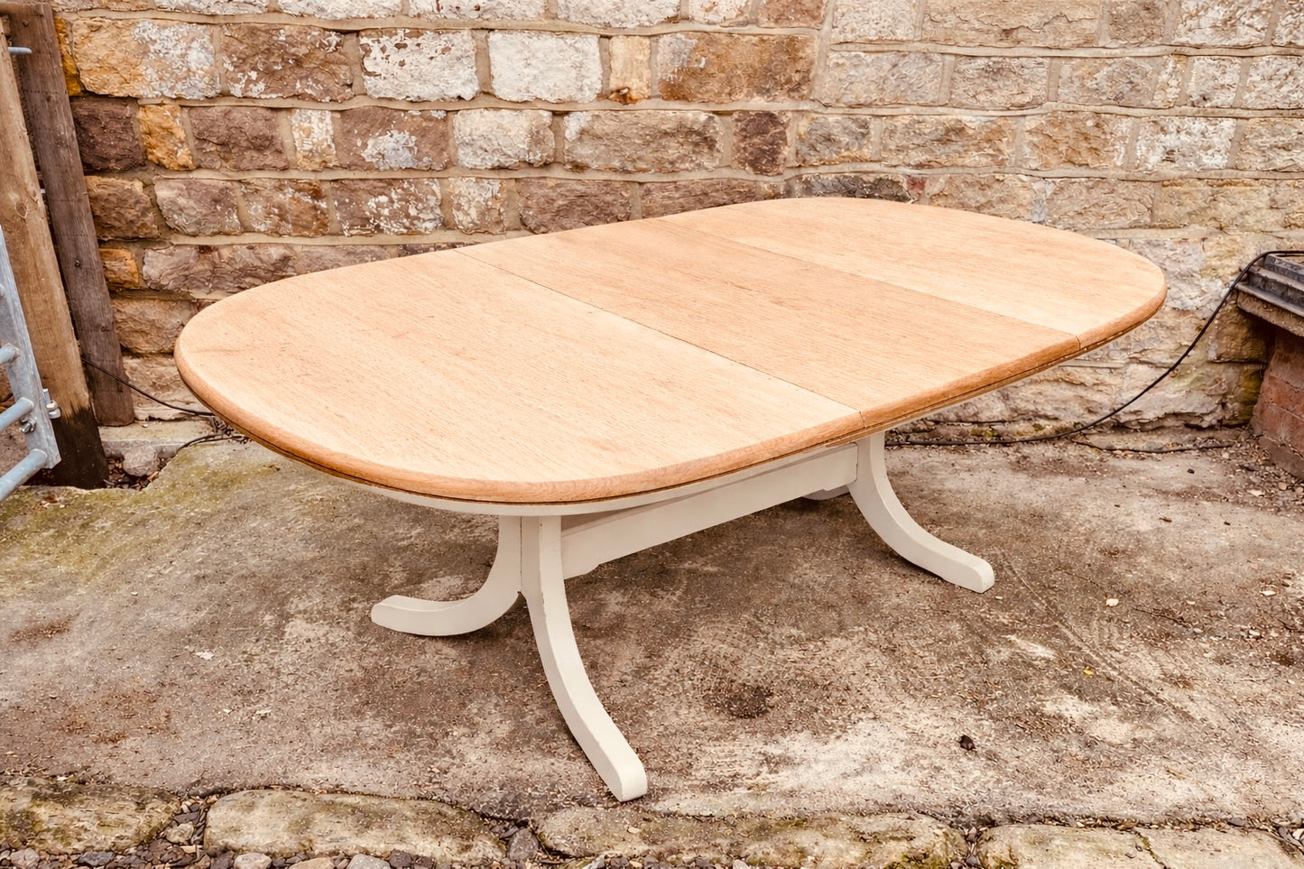 Large Solid Oak Extendable Oval Dining Table with Sanded Natural Top & Painted Base