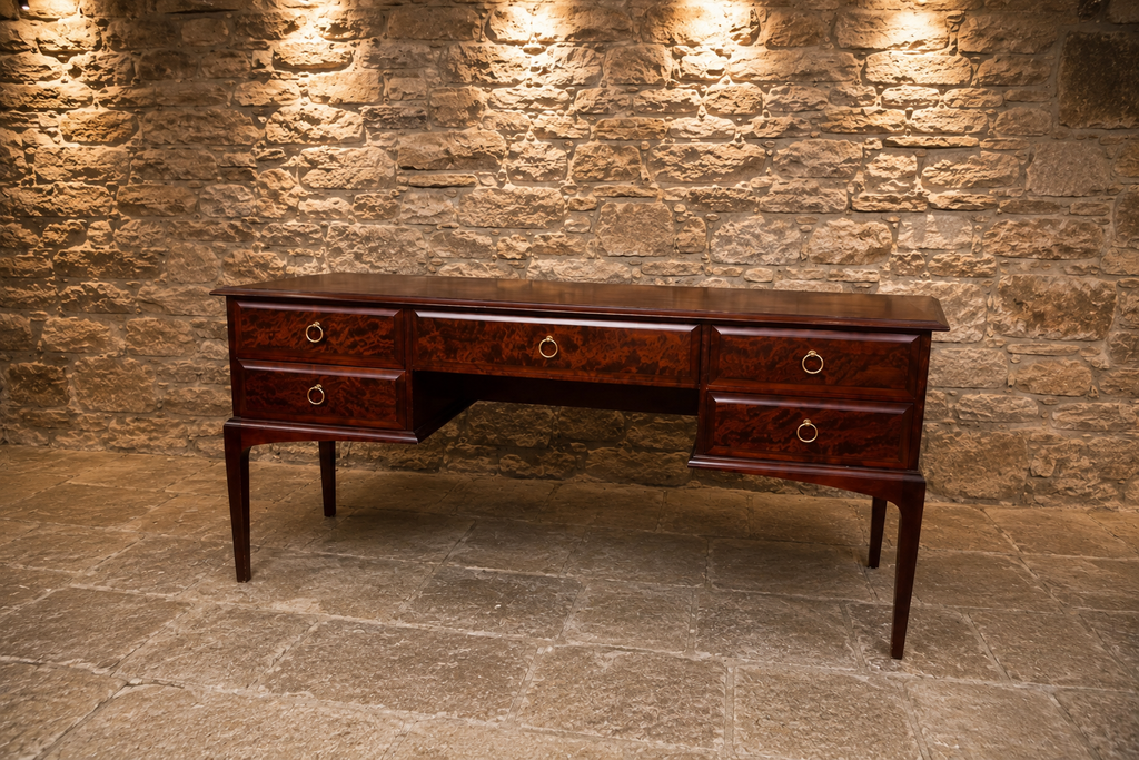 Traditional Burr Veneer Partner Style Office Desk | Executive Six Drawer Writing Desk