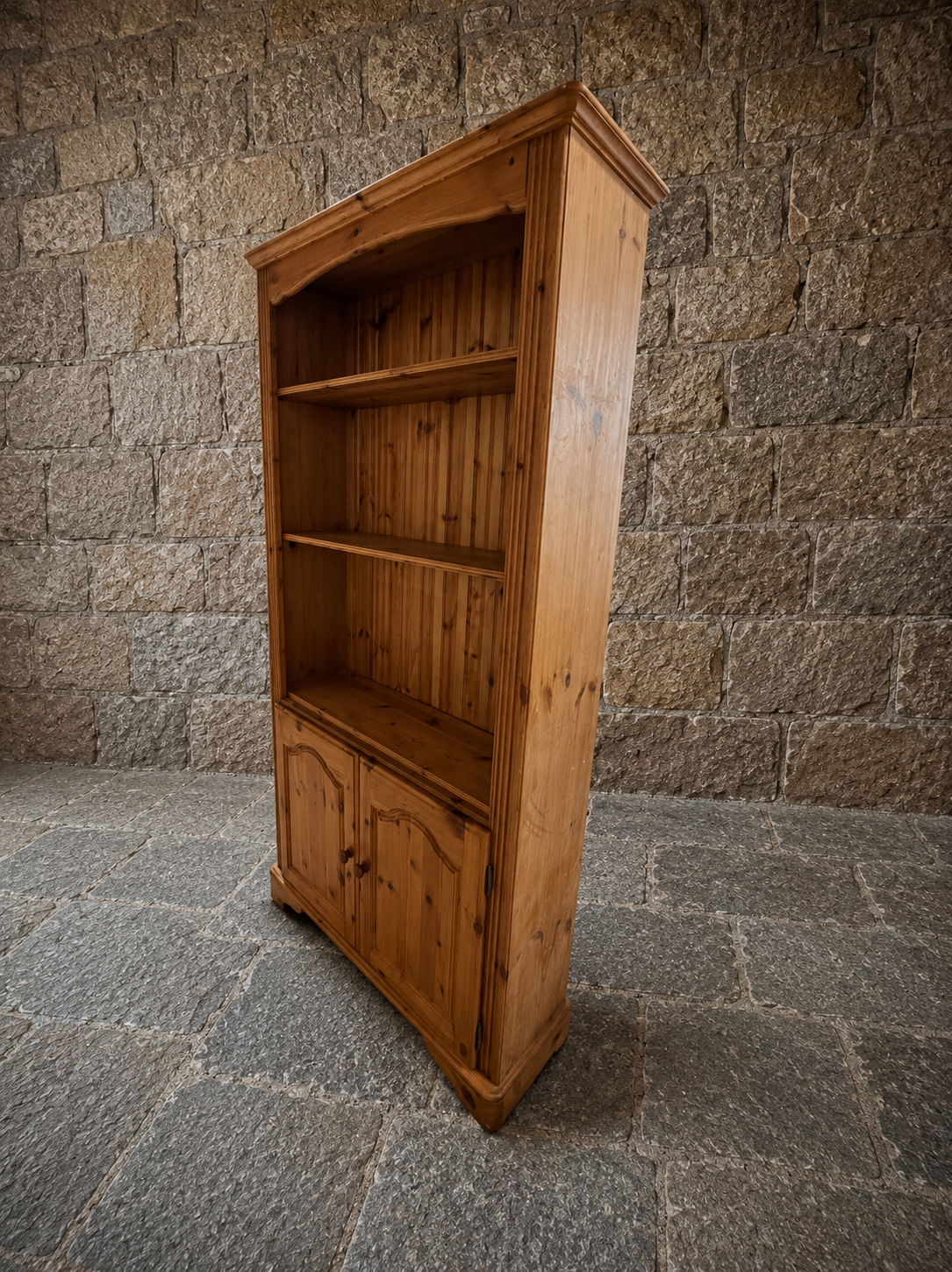 Vintage Rustic Pine Farmhouse Bookcase Cabinet with Cupboard Storage