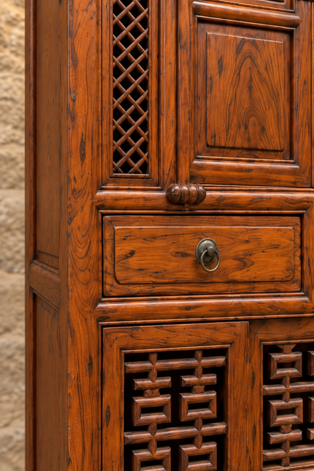 Vintage Chinese carved cabinet with lattice panels