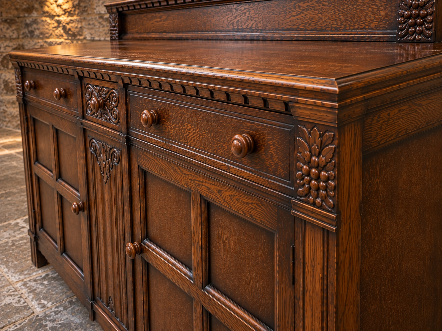 Vintage Carved Oak Sideboard – Traditional Dark Oak Two Door Storage Cabinet