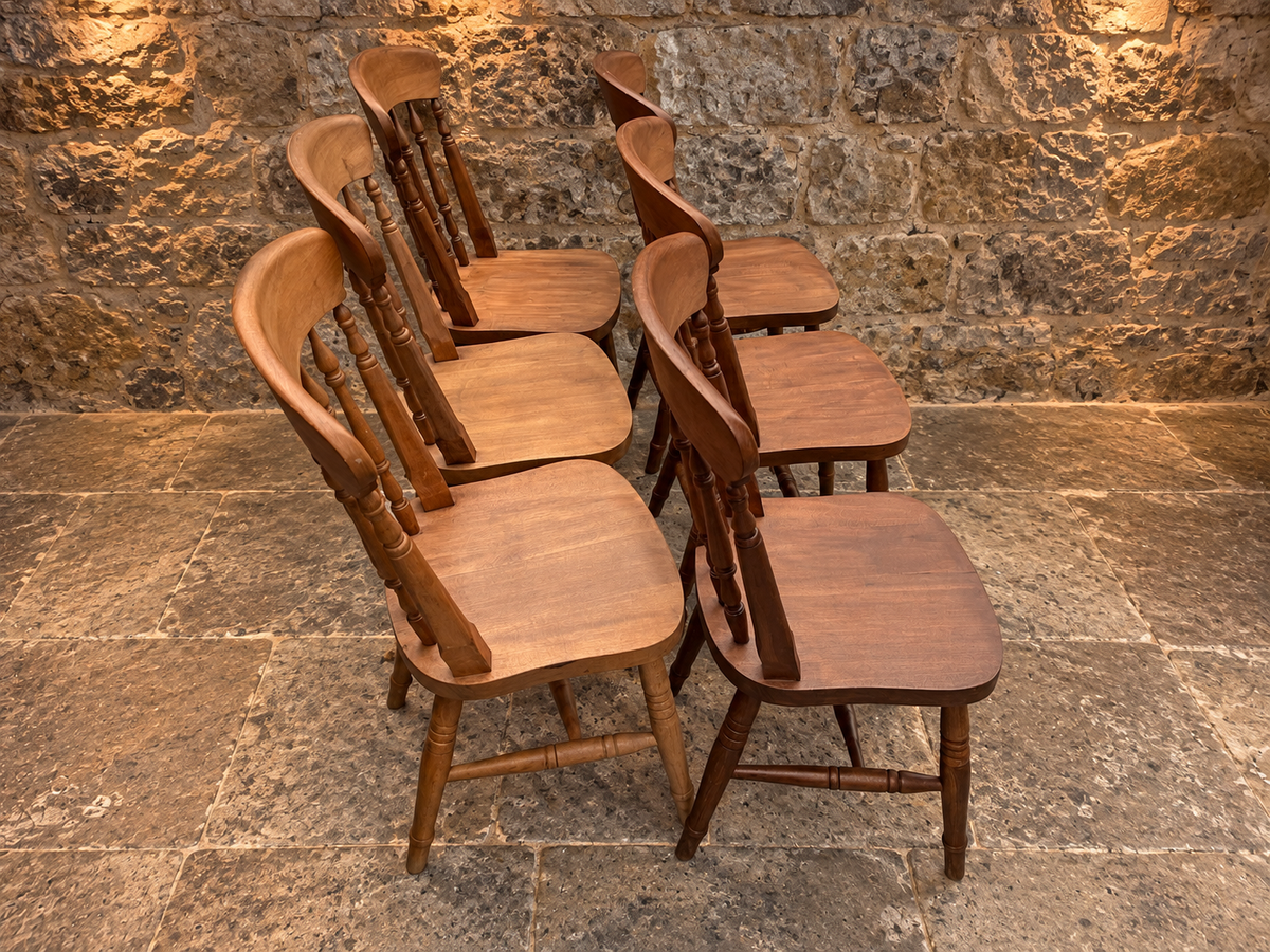 Set of 6 Vintage Windsor-Style Solid Wood Farmhouse Dining Chairs