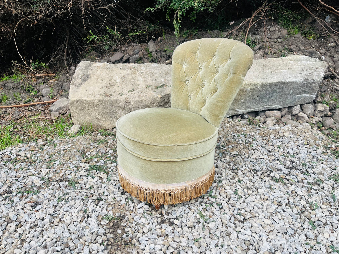 Vintage Sage Green Velvet Boudoir Chair with Button Back & Fringe Trim