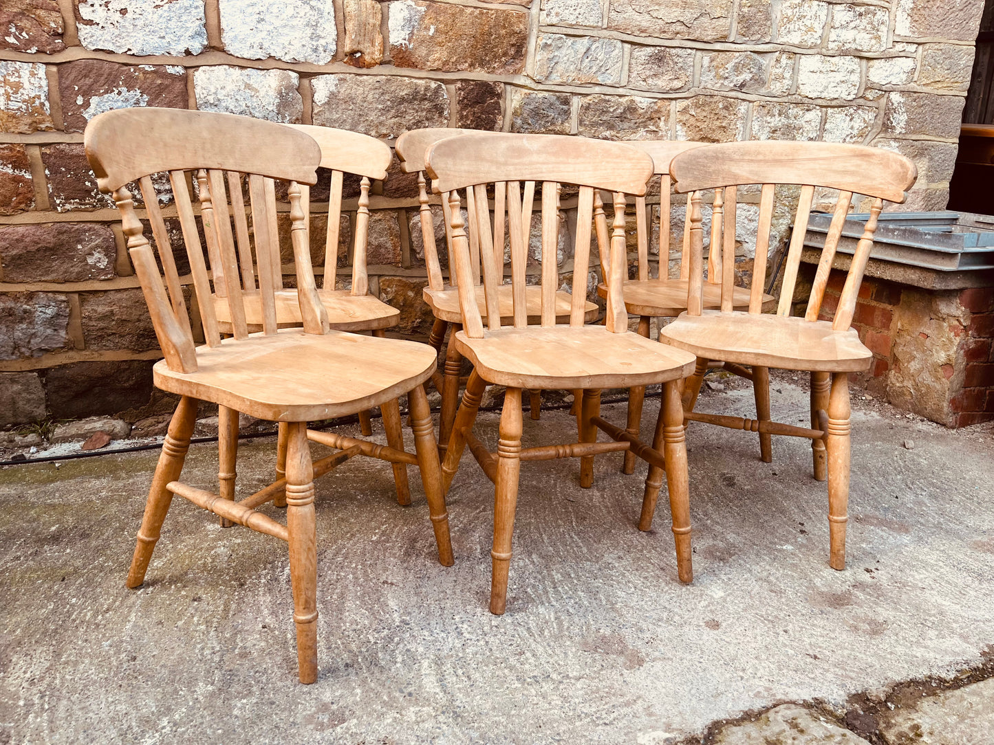 Set of Six Vintage Farmhouse Windsor Dining Chairs – Rustic Solid Wood Kitchen Chairs