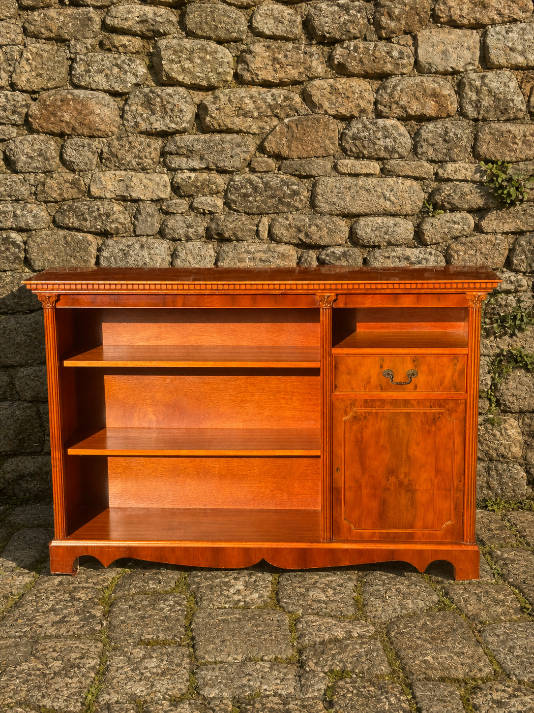 Georgian Style Sideboard Bookcase – Open Shelving Cabinet with Fluted Columns, Yew Finish