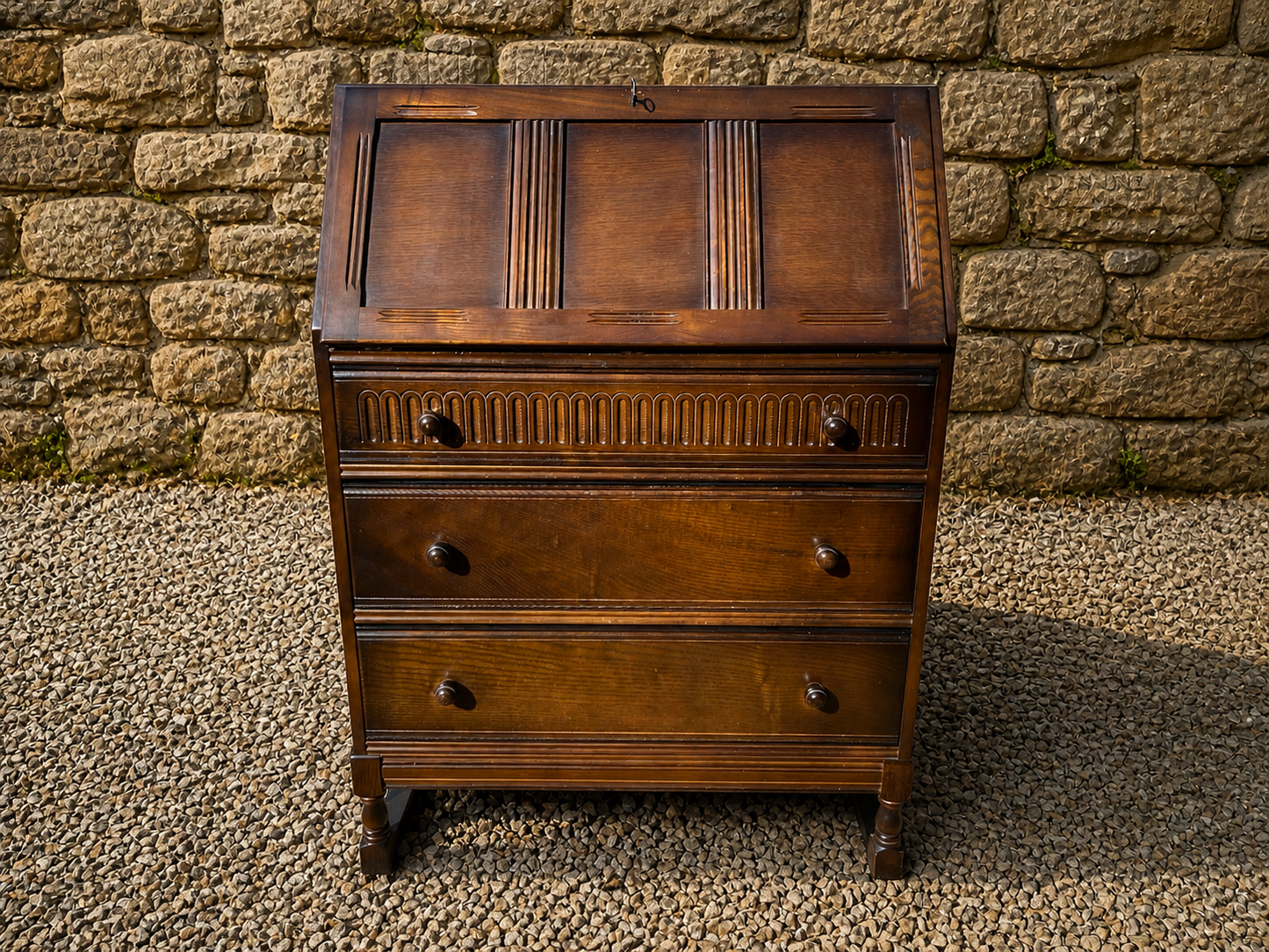 Vintage Oak Writing Bureau Desk – Georgian Style Mid Century Fall Front Secretary with Storage