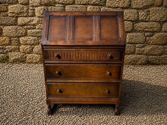 Vintage Oak Writing Bureau Desk – Georgian Style Mid Century Fall Front Secretary with Storage